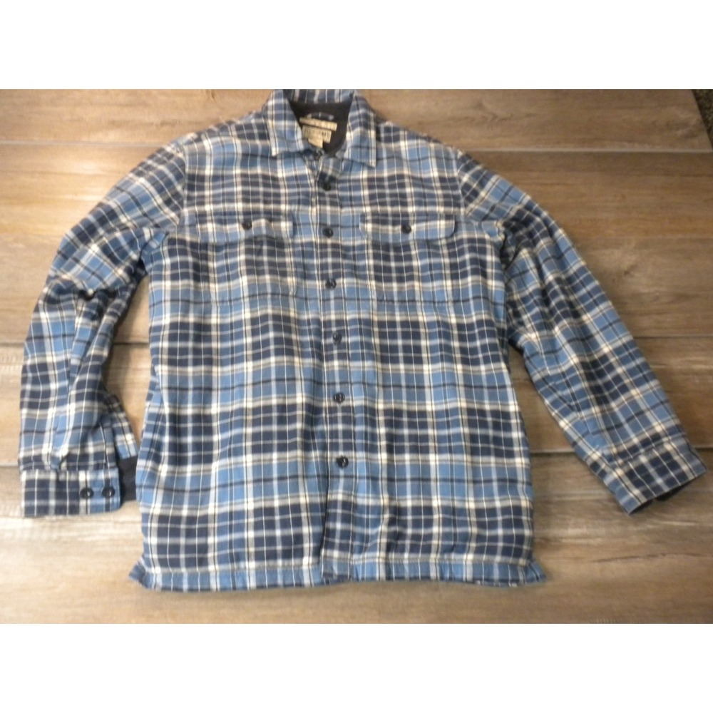 LL Bean Shirt Jacket Shacket Mens M Blue Plaid Flannel Fleece Lined Traditional